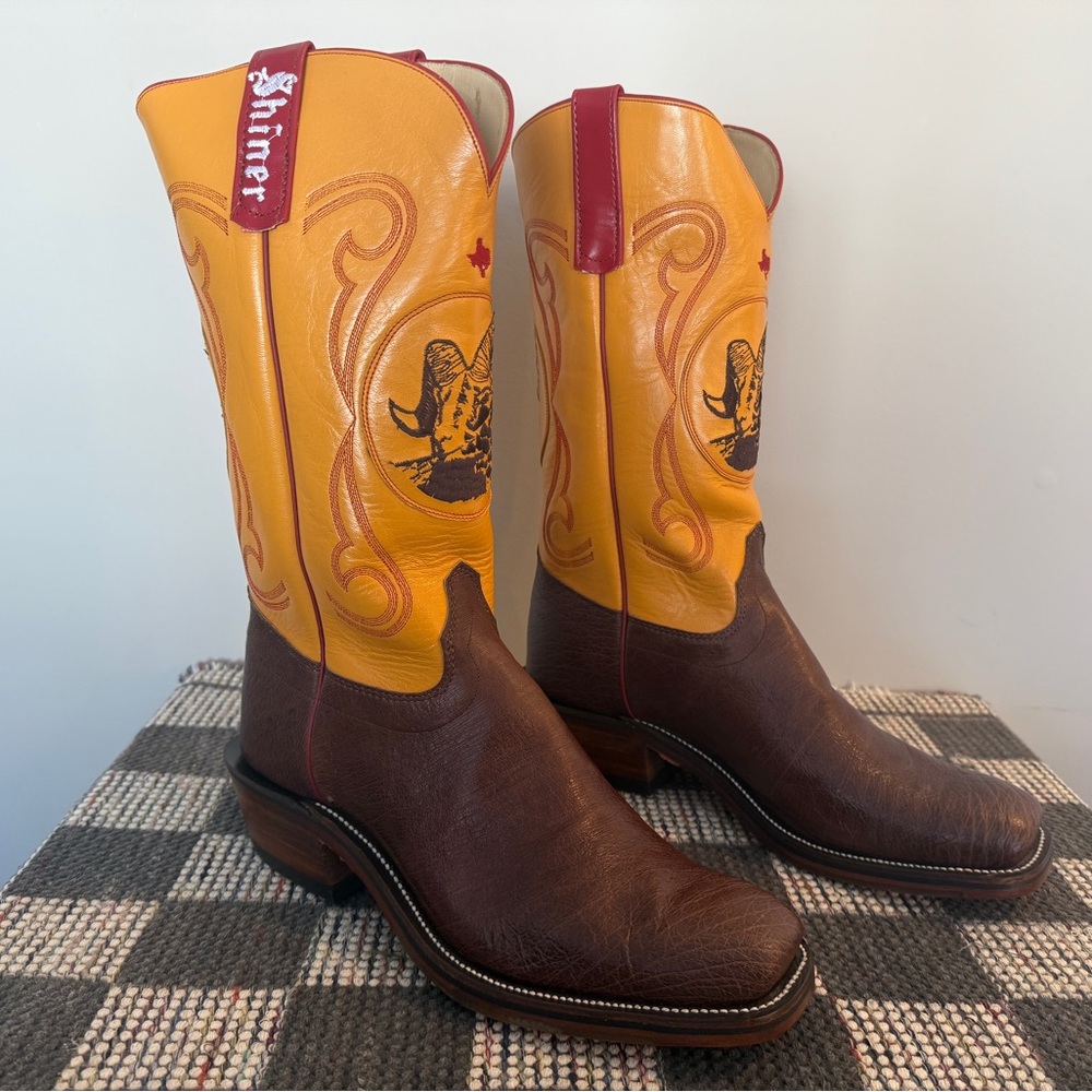 Olathe Cowboy Boots - Custom SHINER BEER branded boots.